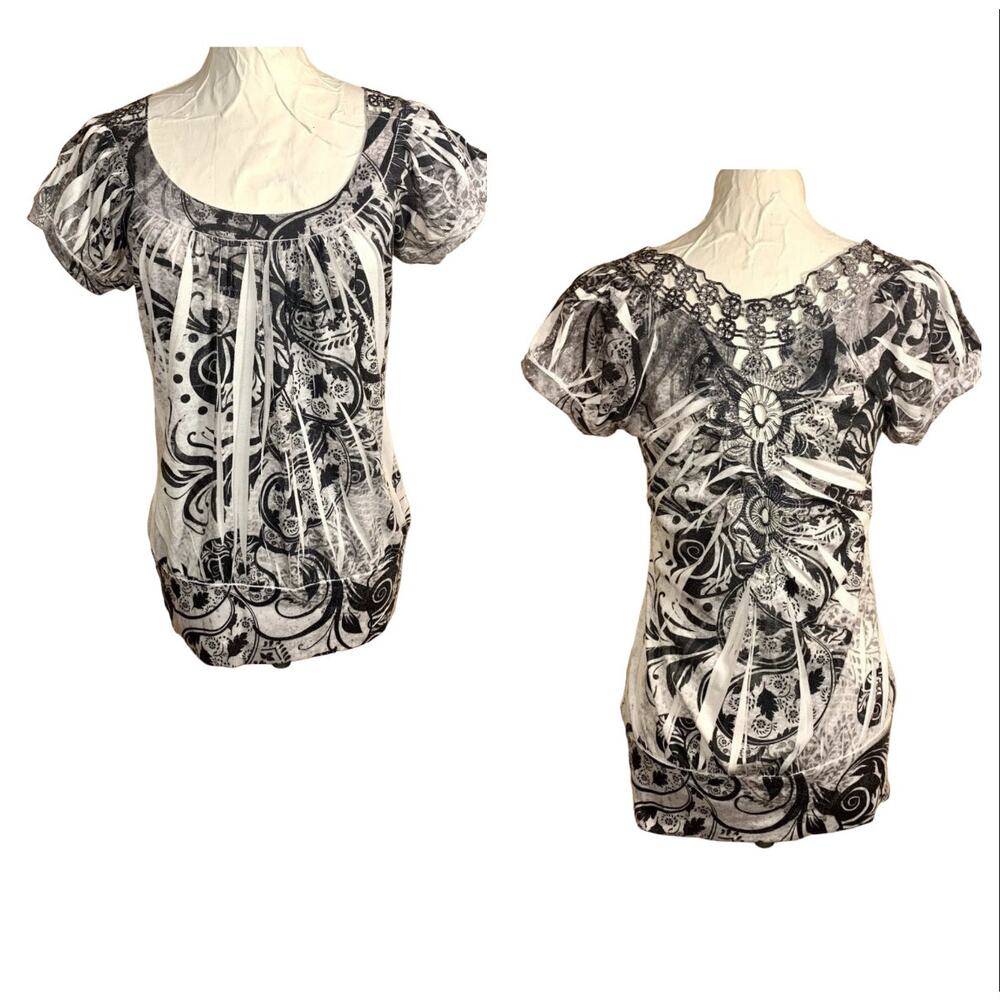 Y2K Boho Blouse Womens M Burnout Crocheted Pleated‎ Floral Indie Artsy Festival